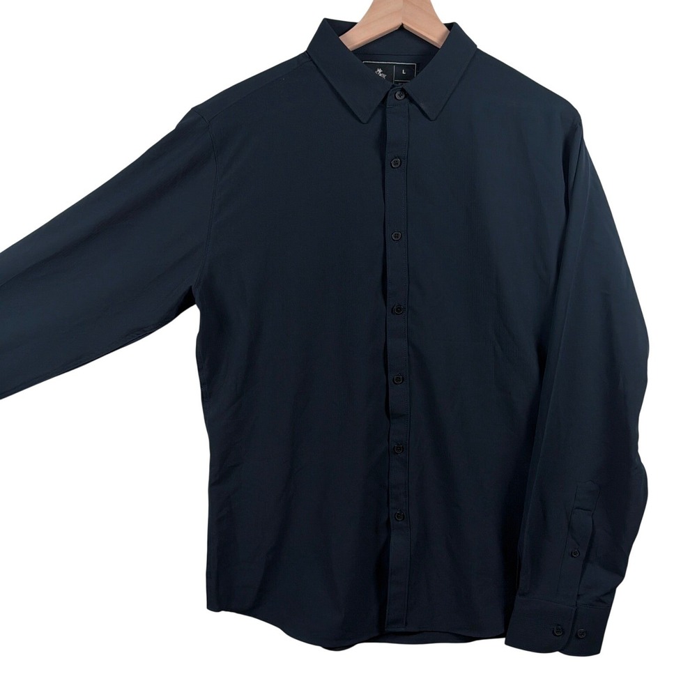 Rugby University Button Down Shirt Mens Large Stretch Ripstop Navy Blue Long Slv